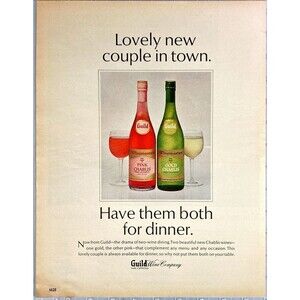 Guild Wine Co. Pink and Gold Chablis "Lovely New Couple in Town" Print Ad 1968